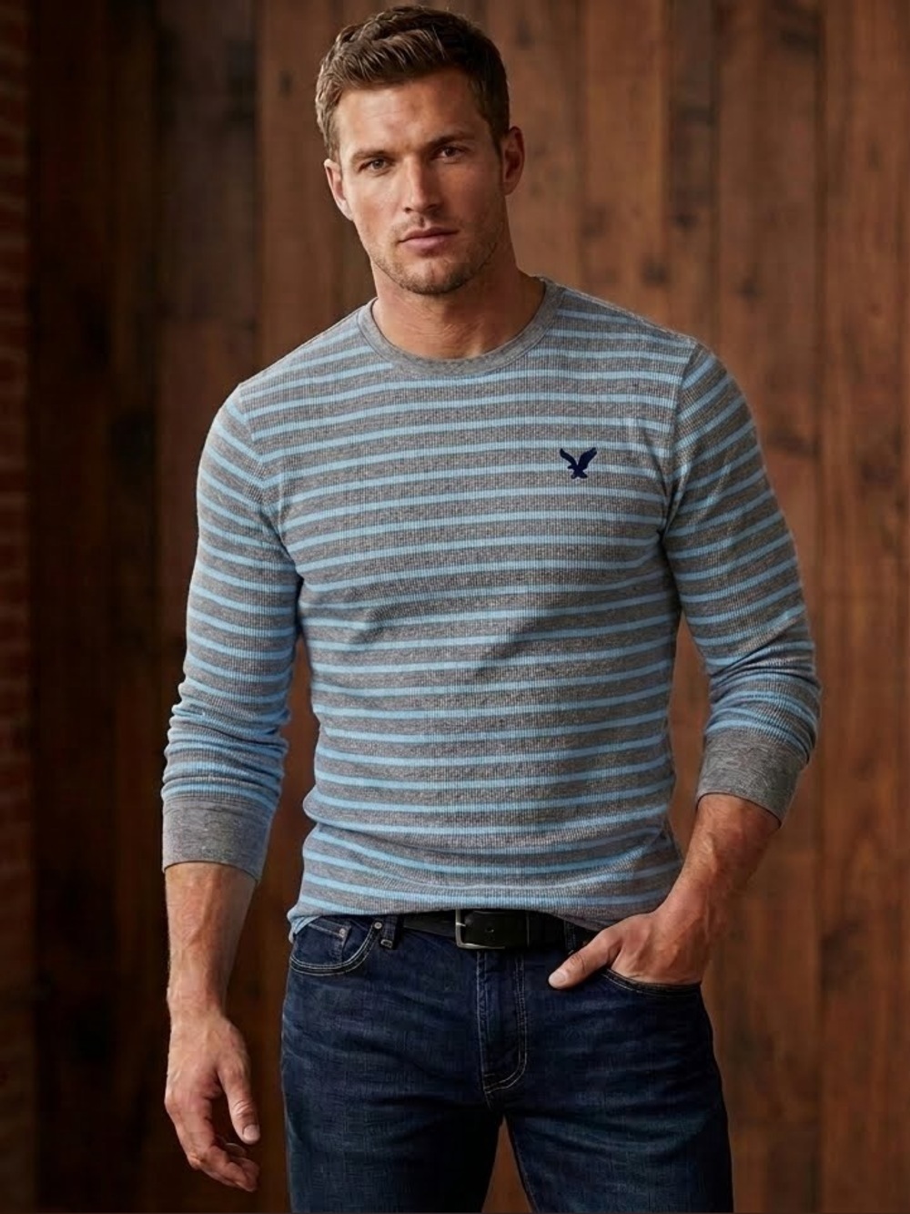American Eagle Outfitters | 100% Cotton Thermal Long Sleeve in Gray/Blue Striped